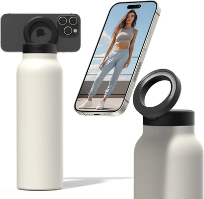 All-in-One-Wasserflasche, Stativ und magnetischer Telefonhalter: Edelstahl-Wasserflasche mit magnetischem Stativ-Telefonhalter, 12 Stunden heiß, 24 Stunden kalt.